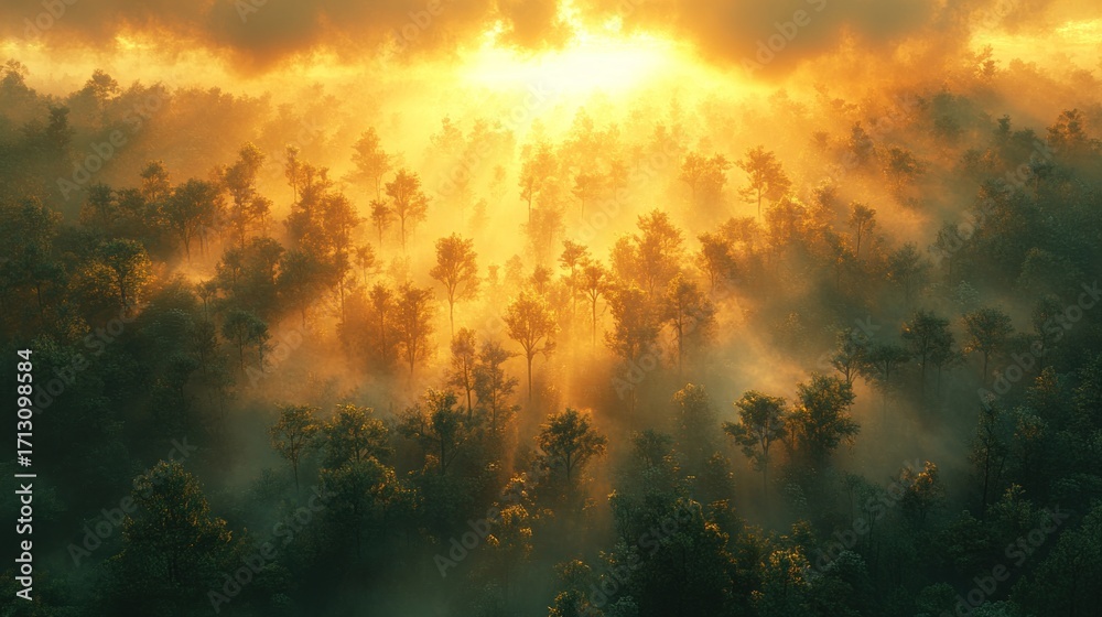 Fototapeta premium Breathtaking aerial view of a misty forest bathed in golden sunrise light, with sun rays piercing through the fog and illuminating the tree canopy.