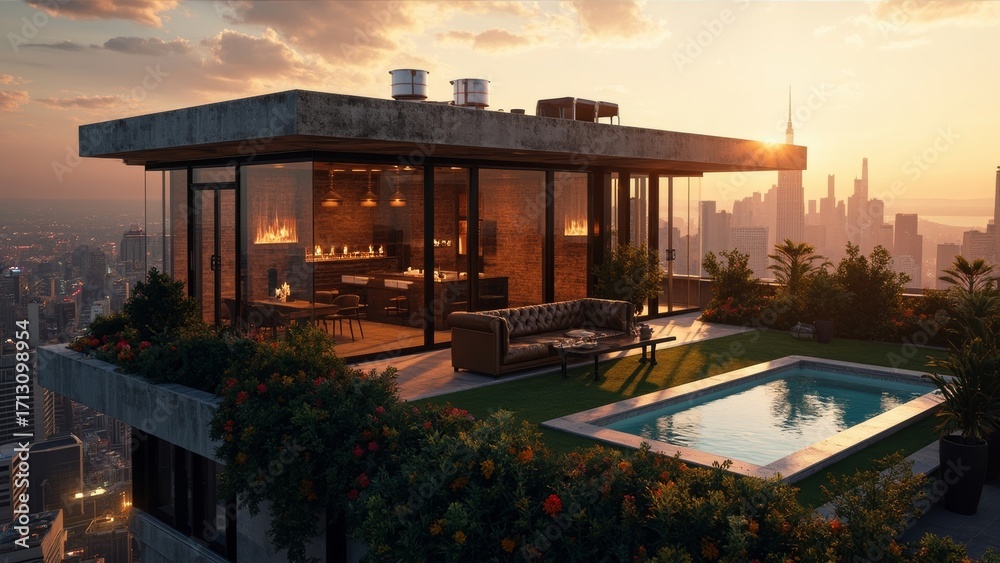 Fototapeta premium Luxury Rooftop Penthouse with Urban Sunset Skyline An breathtaking, high-quality photograph of a luxurious rooftop penthouse at sunset. The modern architecture, featuring floor-to-ceiling glass walls,