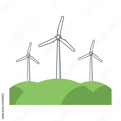 Harnessing renewable energy wind turbines in a green landscape illustration eco-friendly environment. Vector illustration