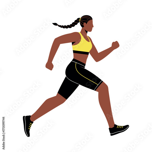 Running woman in urban environment illustrative graphic focused on fitness and movement. Vector illustration