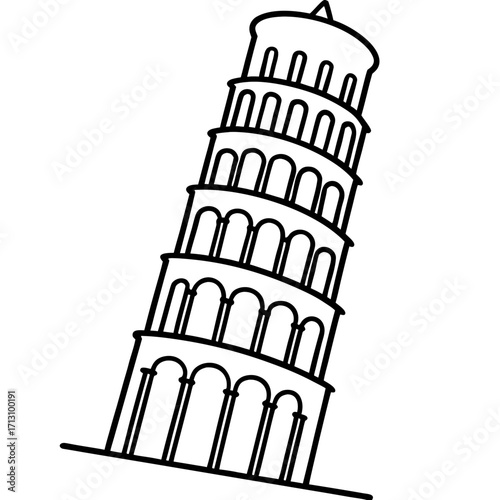 Iconic leaning tower of pisa silhouette architectural landmark isolated on white background