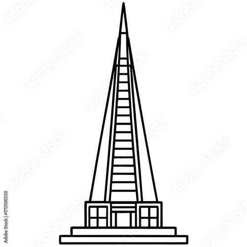 Modern tall skyscraper building with a sharp pointed top silhouette isolated on white background