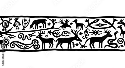 Tribal inspired black and white border design featuring animals and abstract symbols