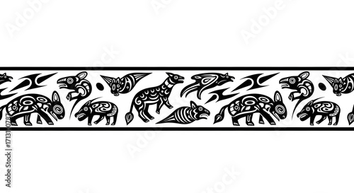 Black and white stylized animal border design with traditional tribal art style, elegant
