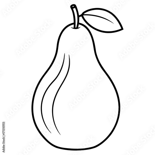 Simple black outline silhouette of a pear with a leaf and stem isolated on white background