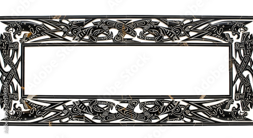 Intricate black and white decorative frame with tribal-inspired art and blank space for design