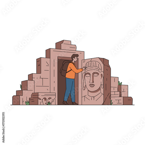 Exploring ancient ruins a traveler's journey to historic sculptures archaeological site adventure outdoor perspective. Vector illustration