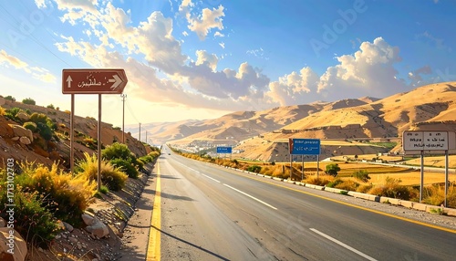 A scenic highway winds through a sun-drenched desert landscape, marked by roadside signs and rolling hills.
