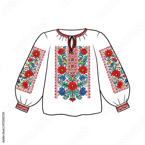 Traditional ukrainian embroidery shirt cultural heritage textile art studio setting detailed view craftsmanship. Vector illustration