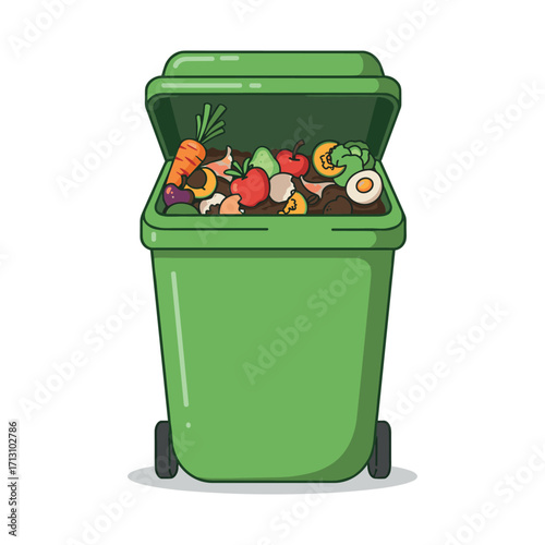 Waste management action recycling food scraps at a green bin location in an urban environment. Vector illustration