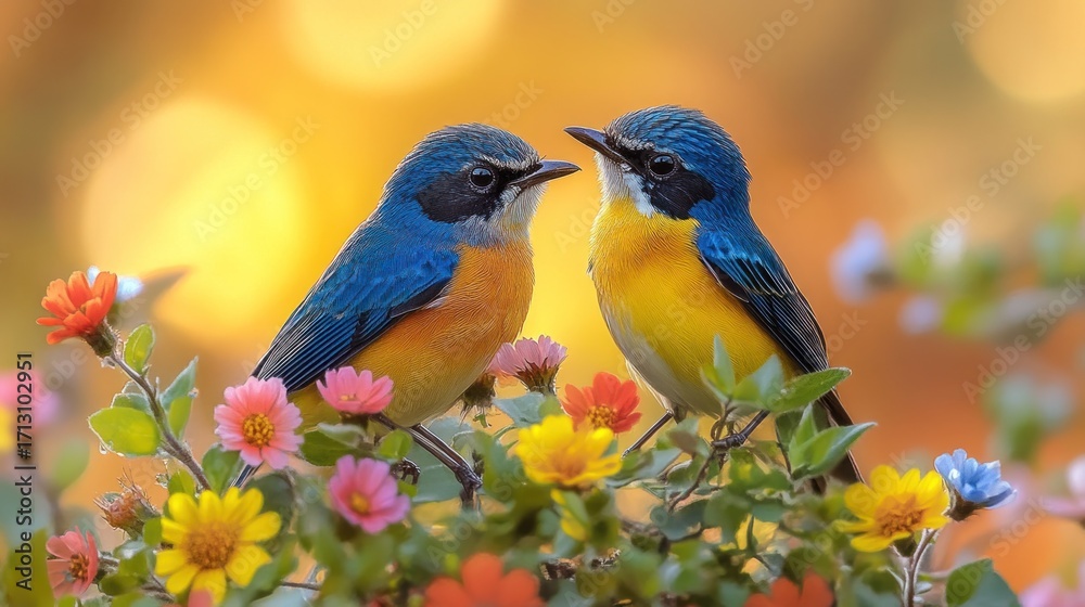 Obraz premium Two Vibrant Blue and Birds Perched Among Colorful Flowers with a Golden Bokeh Background, Capturing a Moment of Serene Nature