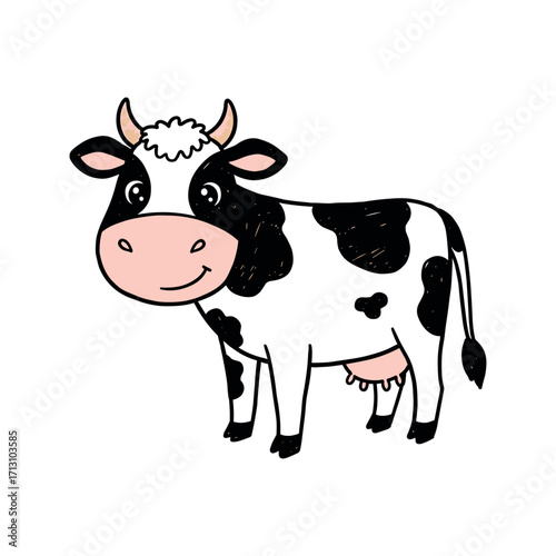 Cheerful cartoon cow standing in a pastoral setting illustrative art whimsical playful perspective. Vector illustration