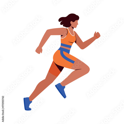 Running woman in athletic gear urban setting digital illustration action-packed energetic vibe. Vector illustration