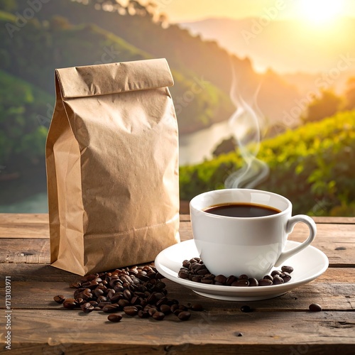 A paper bag of coffee beans sits beside a steaming cup of coffee on a rustic wooden table, overlooking a scenic landscape.