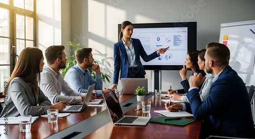 A poised female executive leads a dynamic presentation in a modern conference room, captivating her colleagues with her expertise, the bright sunlight streaming in.