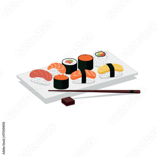 Sushi tasting experience japanese cuisine food photography indoor setting high angle culinary delights. Vector illustration