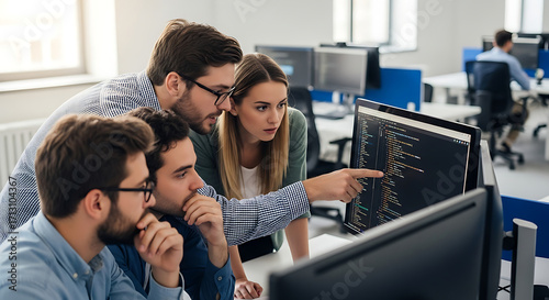 A team of skilled developers and programmers collaborates, intently focused on the illuminated screens, working in a modern office environment.