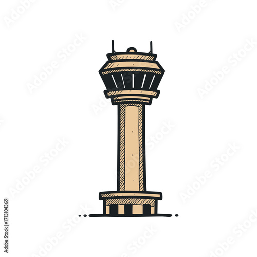Air traffic control tower overview airport illustration urban environment aerial perspective aviation safety. Vector illustration