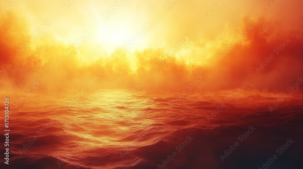 Fototapeta premium Intense Fiery Sunset Over Turbulent Ocean Waves, Dramatic Golden Seascape with Hazy Atmosphere and Glowing Horizon