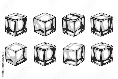 Collection of eight realistic transparent ice cubes hand drawn sketch style graphic element vector