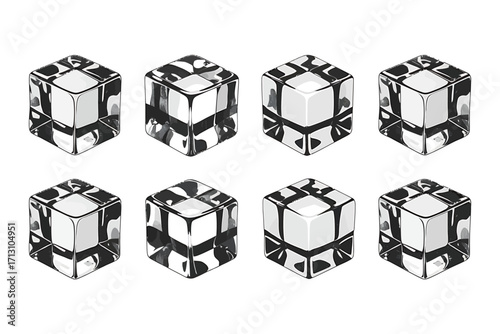 Eight textured cubes displayed in two rows with detailed shading and patterns abstract geometric forms vector
