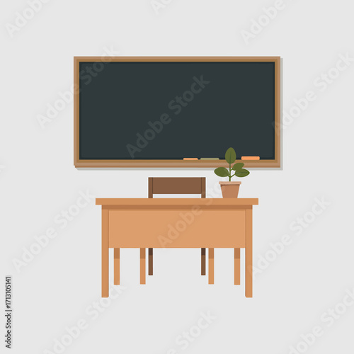 Empty classroom scene with chalkboard desk and plant ideal for educational content vector
