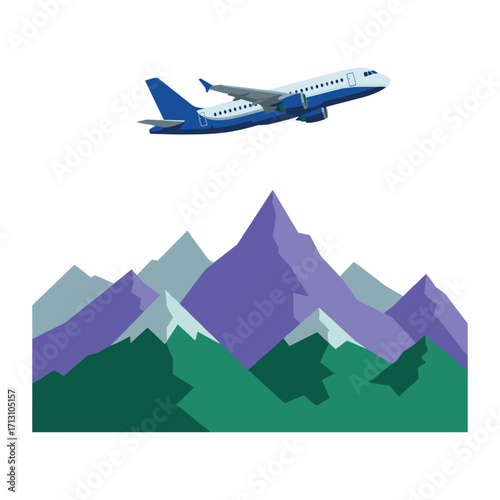 Airplane taking off over scenic mountain landscape nature travel scene aerial view adventure concept. Vector illustration