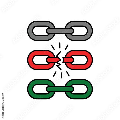 Broken chain links representing disconnection failure and connection strength in visual metaphor vector