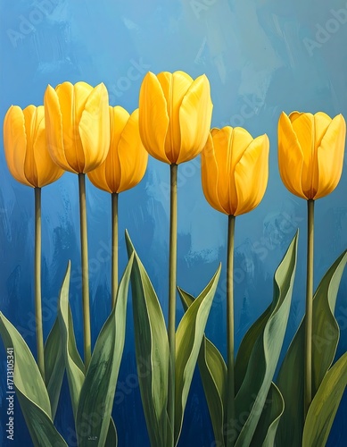 Five vibrant yellow tulips stand tall against a backdrop of a textured, light blue sky, showcasing detailed leaves and petals.