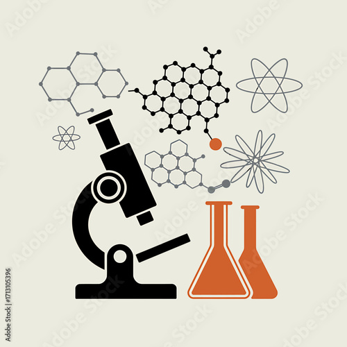 Microscope chemistry lab equipment and molecular structures science research and discovery vector