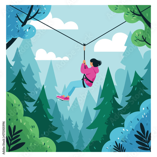 Ziplining adventure through lush forests outdoor fun action-packed experience scenic nature environment. Vector illustration