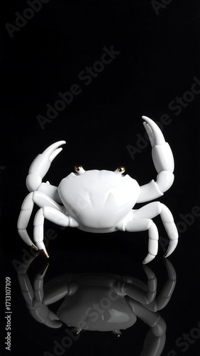 A meticulously crafted, white porcelain crab figurine, centrally positioned against a stark black backdrop, showcases intricate details and a mirrored reflection.