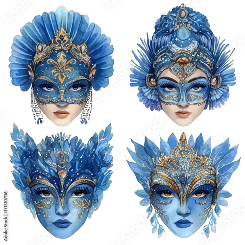 Hungarian Winter Masks, watercolor drawing vector, isolated on a white background.