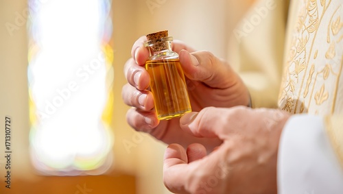 Sacred Ritual: Priest Holding Holy Oil for Spiritual Healing and Blessing. Embrace Tradition and Faith for Your Inspirational Project. Authentic Religious Ceremony.