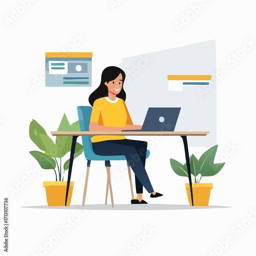 A young woman focused on her laptop, embodying the modern digital workspace and remote work lifestyle with efficiency and productivity