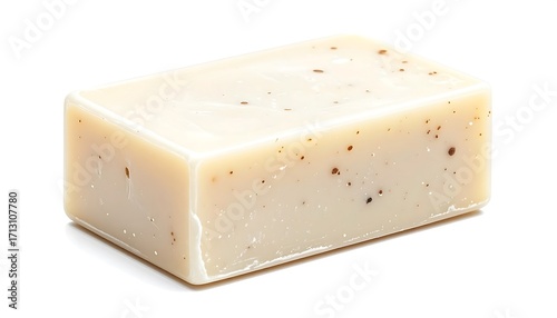 A rectangular bar of light beige soap, speckled with tiny dark spots, sits angled against a bright white background.
