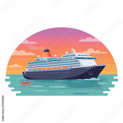 Cruise ship adventure ocean view digital art serene environment vibrant sunset travel concept. Vector illustration