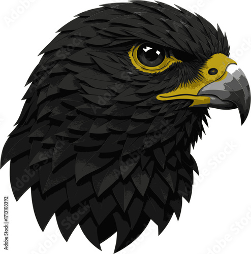 Illustrative Close-Up Portrait of a Majestic Black Eagle Head with Fierce Yellow Eyes