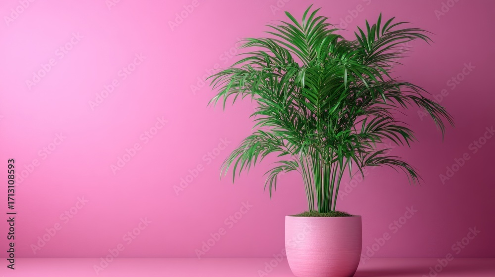 Fototapeta premium Vibrant Green Potted Areca Palm Plant on Solid Pink Background with Copy Space