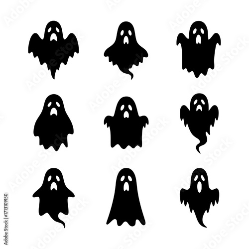 Set of Black Silhouette Ghost Illustrations with Various Spooky and Playful Shapes for Halloween Designs and Decorations