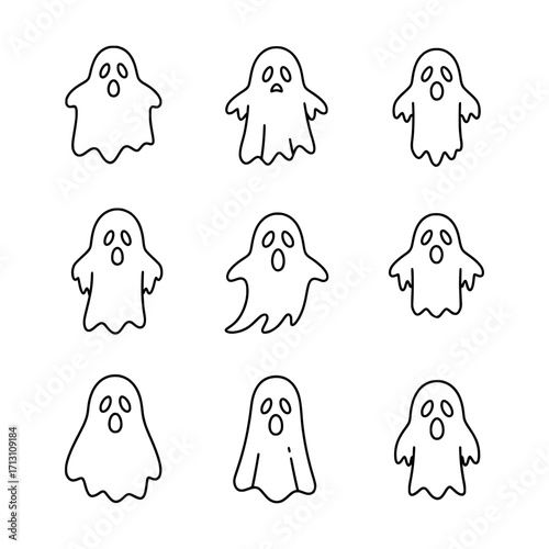 Set of Cute Outline Ghost Illustrations with Various Spooky and Playful Shapes for Halloween Designs and Decorations