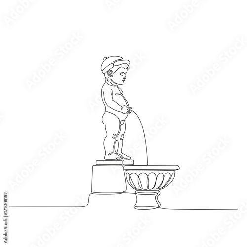 Simple line drawing of a boy statue peeing into a fountain  