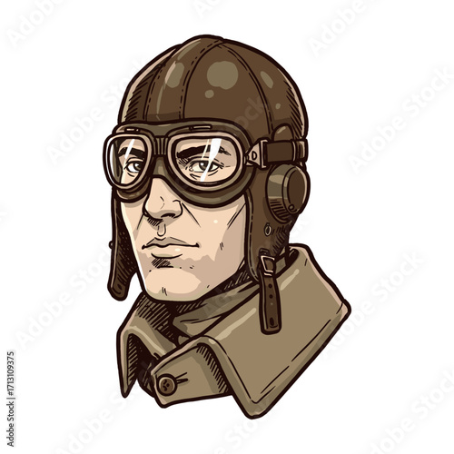 Aviation pilot portrait studio illustration vintage style heroic spirit. Vector illustration