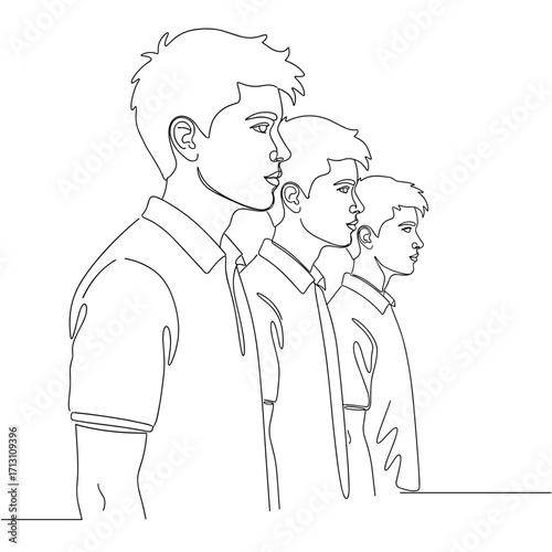 Outline of three young men standing in a line facing forward  