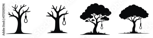 Haunted Hanging Tree Halloween Vector Set – Spooky Tree Silhouettes with Noose for Horror Illustrations, Gothic Designs, Haunted House Decor, Posters, Stickers, and Creepy Seasonal Artwork
