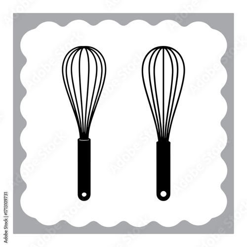 Two Wire Whisks Kitchen Utensils for Baking and Cooking Black and White Culinary Tools Illustration of Baking Equipment