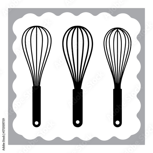 Two Wire Whisks Kitchen Utensils for Baking and Cooking Black and White Culinary Tools Illustration of Baking Equipment