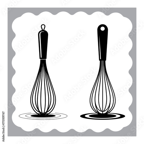 Two Wire Whisks Kitchen Utensils for Baking and Cooking Black and White Culinary Tools Illustration of Baking Equipment