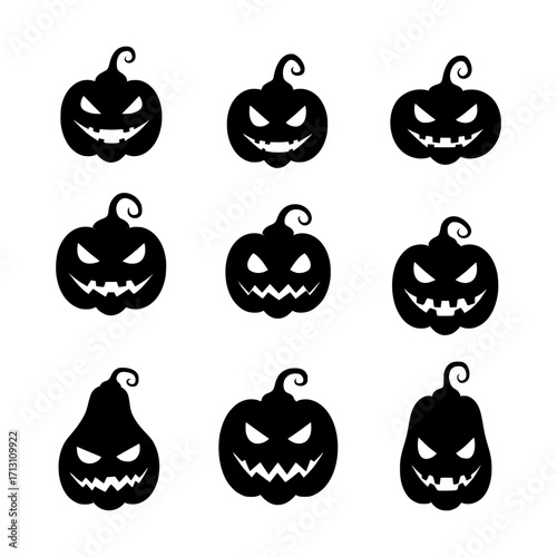 Black Silhouette Jack-o'-Lantern Icons with Various Spooky and Mischievous Facial Expressions for Halloween