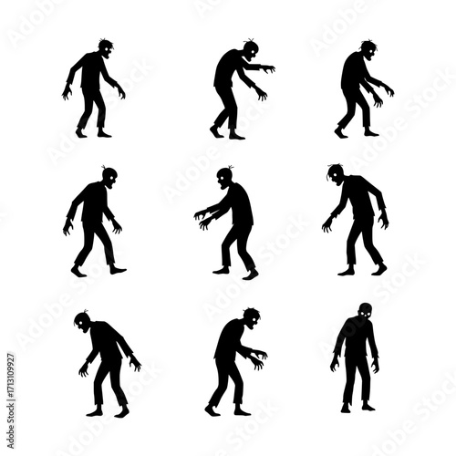 Set of Black Silhouette Zombie Figures in Various Grotesque Walking Poses, Classic Undead Monster Icons